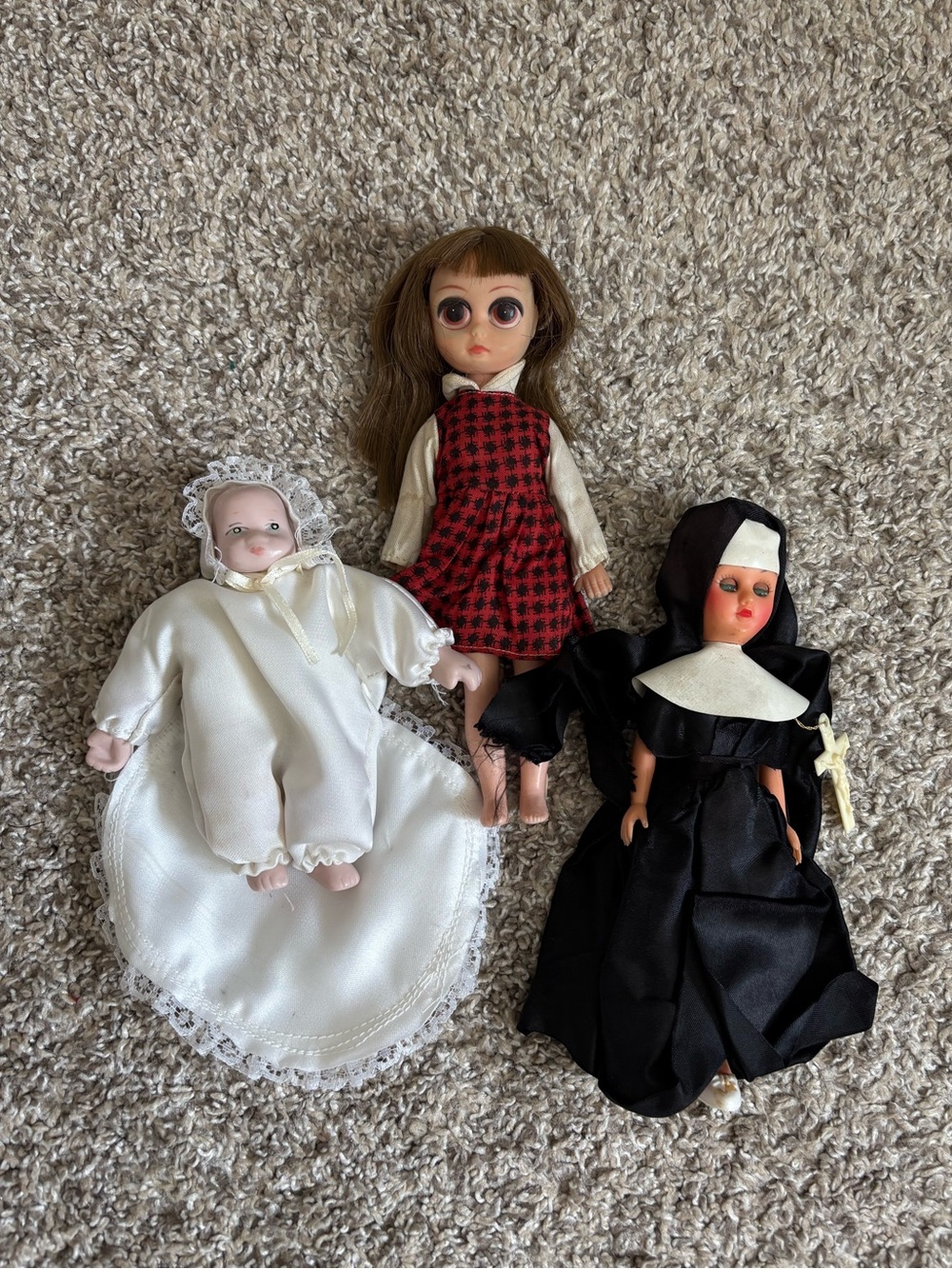 Vintage Susie sad eyes, Catholic nun doll, & porcelain baby bundle